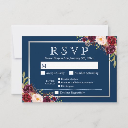 Burgundy Floral Silver Navy Blue Meal Options RSVP (Voorkant)