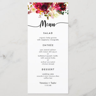 Burgundy Floral Simple 3 plats menu mariage