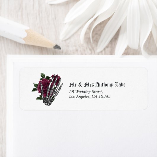 Burgundy Floral Skeleton Gothic Wedding Etiket (Insitu)