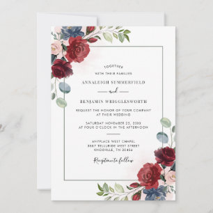 Burgundy Floral Spring Wedding Invitation Kaart