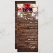 Burgundy Floral String Lights Menu Mariage Dîner (Devant / Derrière)