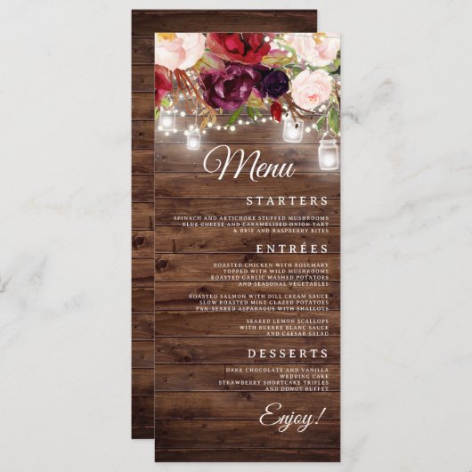 Burgundy Floral String Lights Menu Mariage Dîner (Devant / Derrière)