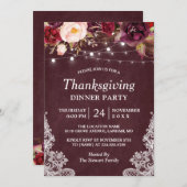 Burgundy Floral String Lights Thanksgiving Dinner Kaart (Voorkant / Achterkant)