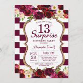 Burgundy Floral Surprise 13th Birthday Party Kaart (Voorkant / Achterkant)