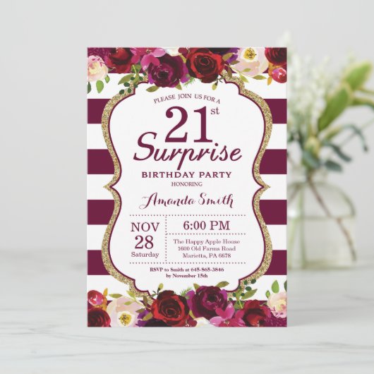 Burgundy Floral Surprise 21st Birthday Party Kaart (Staand voorkant)