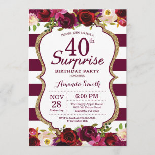 Burgundy Floral Surprise 40th Birthday Party Kaart
