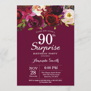 Burgundy Floral Surprise 90th Birthday Party Kaart