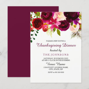 Burgundy Floral Thanksgiving Dinner Party Invite Kaart