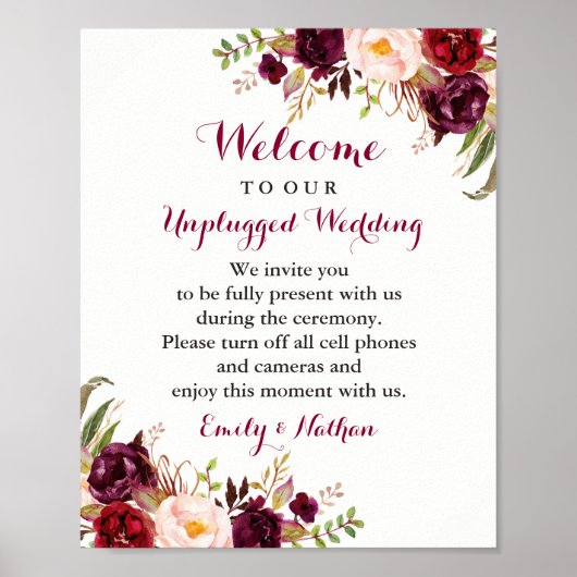 Burgundy Floral Unplugged Wedding Sign Poster (Voorkant)