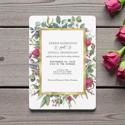Burgundy Floral w/Gold Frame Wedding Invitation 