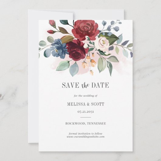 Burgundy Floral Waterverf Dusty Blue Rustic Save The Date (Voorkant)