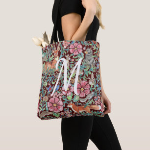 Burgundy Floral Waterverf Forest Animal Monogram Draagtas