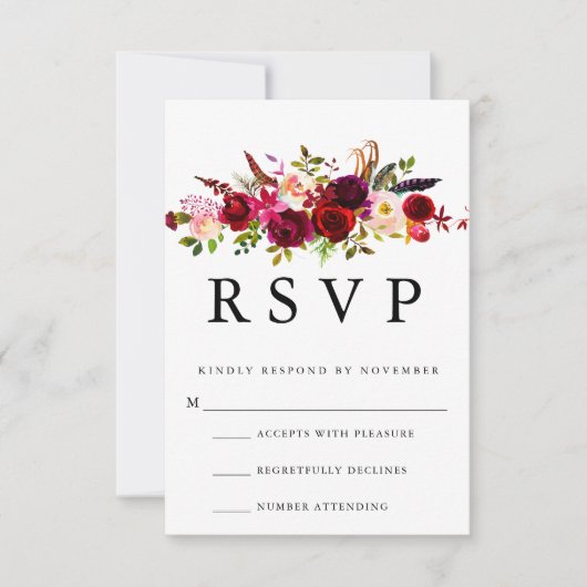 Burgundy Floral Waterverf RSVP Kaartje (Voorkant)