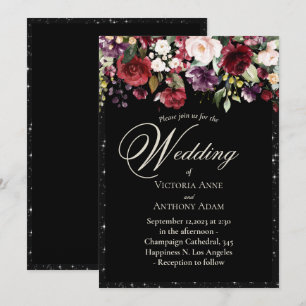 Burgundy Floral Waterverf Rustic Black Wedding in Kaart