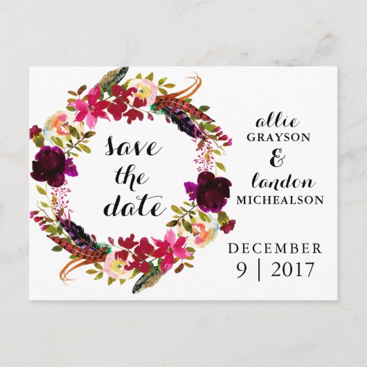 Burgundy Floral Waterverf Save the Date Aankondigingskaart (Voorkant)