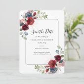 Burgundy Floral Waterverf Script Save The Date (Staand voorkant)