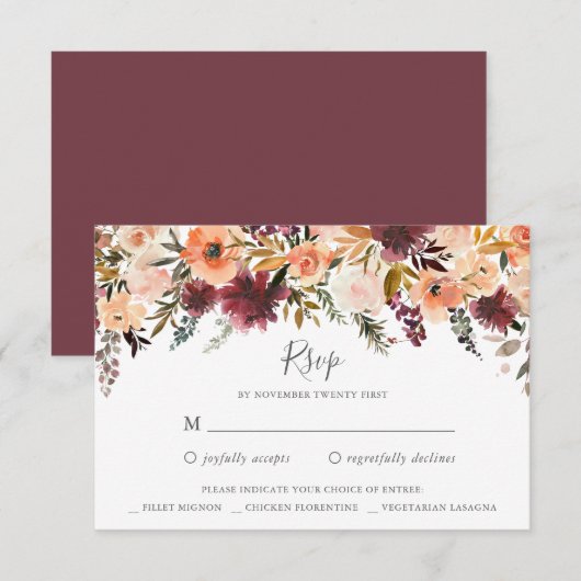 Burgundy Floral Wedding Carte de réponse RSVP (Devant / Derrière)