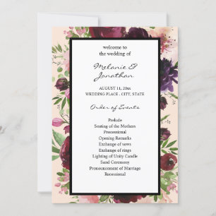 Burgundy Floral Wedding Ceremony Programme - Roze Kaart