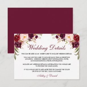 Burgundy Floral Wedding Details-kaart Informatiekaartje