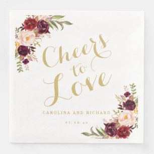 Burgundy Floral Wedding Gold Cheers to Love Servet