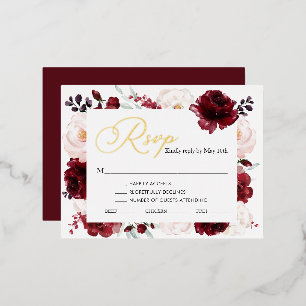 Burgundy Floral Wedding Gold Foil RSVP-kaart Folie Uitnodiging Briefkaart