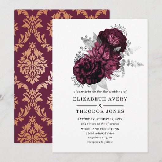 Burgundy Floral Wedding Invitation Kaart (Voorkant / Achterkant)