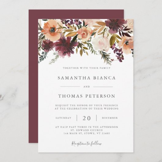 Burgundy Floral Wedding Invitation Kaart (Voorkant / Achterkant)