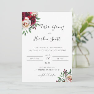 Burgundy Floral Wedding Invitation Kaart