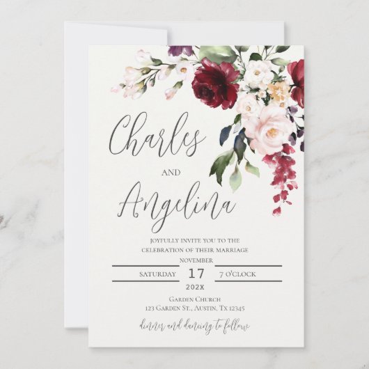 Burgundy Floral Wedding Kaart (Voorkant)