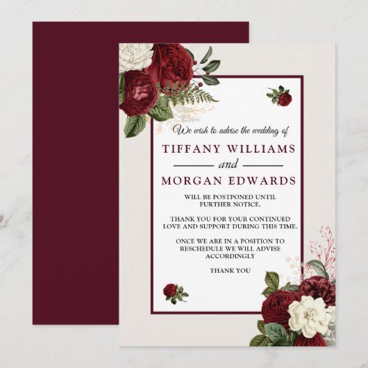Burgundy Floral Wedding Postponed Notice Kaart (Voorkant / Achterkant)