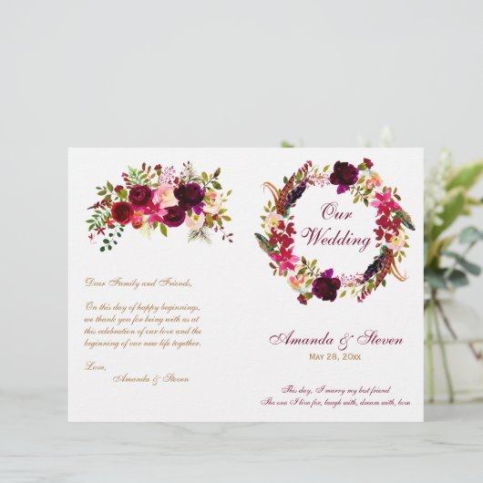 Burgundy Floral Wedding Programme (Staand voorkant)