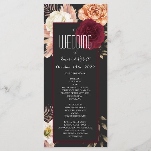 Burgundy Floral Wedding Programme Programma (Voorkant)