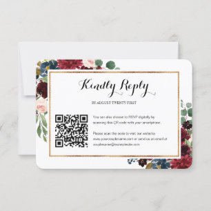 Burgundy Floral Wedding QR Code Foto RSVP Card Kaartje