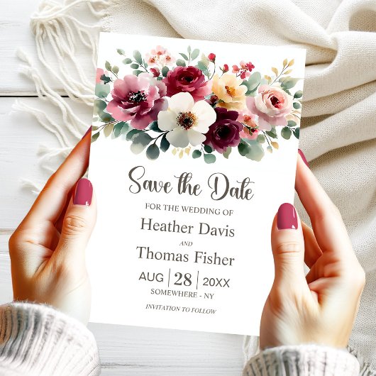 Burgundy Floral Wedding Save the Date Kaart