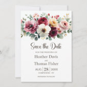 Burgundy Floral Wedding Save the Date Kaart (Voorkant)