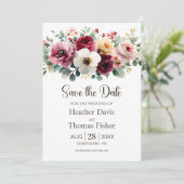 Burgundy Floral Wedding Save the Date Kaart (Staand voorkant)