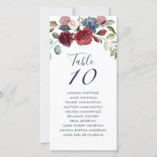 Burgundy Floral Wedding Table Number Kaart