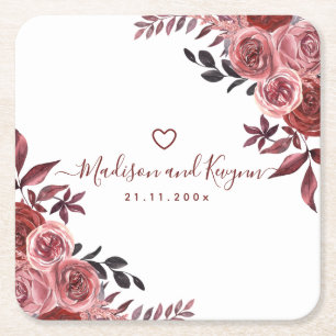 Burgundy Floral Wedding Vierkante Kartonnen Onderzetter