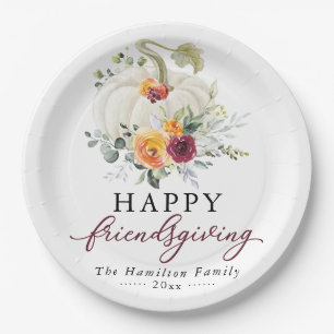 Burgundy Floral White Pumpkin Friendsgiving Papieren Bordje