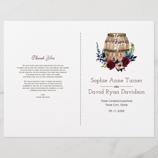 Burgundy Floral Wine Barrel Fall Wedding Programme Flyer (Voorkant)