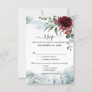 Burgundy Floral Winter wonderland bruiloft RSVP Kaartje