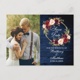 Burgundy Floral Wreath Blue Wood Save the Date Briefkaart