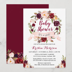 Burgundy Floral Wreath Blush Ribbon Baby shower Kaart