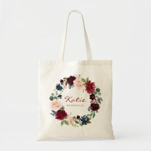 Burgundy Floral Wreath Bridesmaid Gift Tote Bag