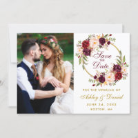 Burgundy Floral Wreath Gold Save the Date Photo