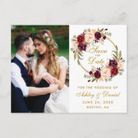 Burgundy Floral Wreath Gold Save the Date Photo