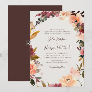 Burgundy Floral Wreath   Traditionele beige bruilo Kaart