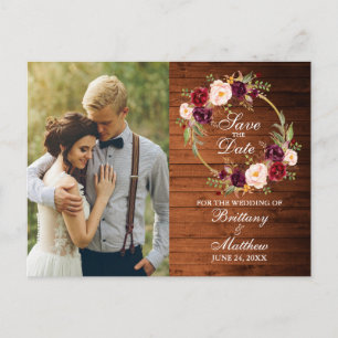 Burgundy Floral Wreath Wood Save the Date Briefkaart