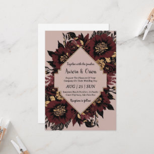 burgundy florale invitations noires et or mariage