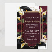 burgundy florale invitations noires et or mariage (Devant / Derrière)